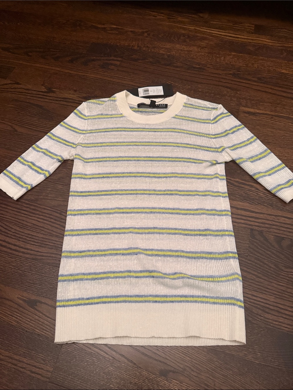 Veronica Beard Cream Knit Striped Top with Blue & Yellow Accents